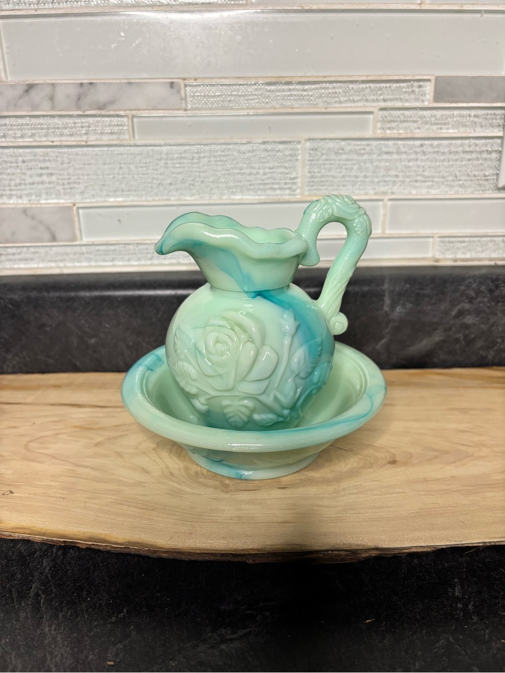 Avon Aqua Green Swirl Ceramic Pitcher and Bowl Set